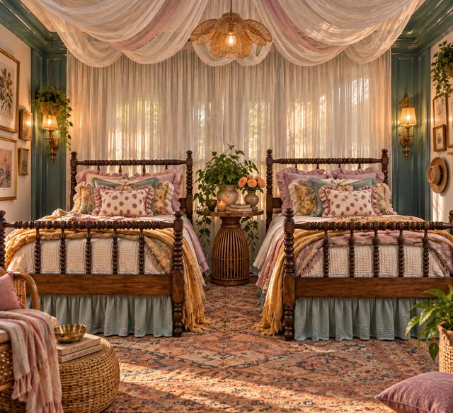 A pair of antique twin beds