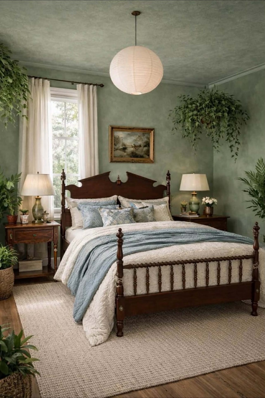 The bedroom after: a refinished antique bed, soft green walls, layered bedding, and bedside lamps