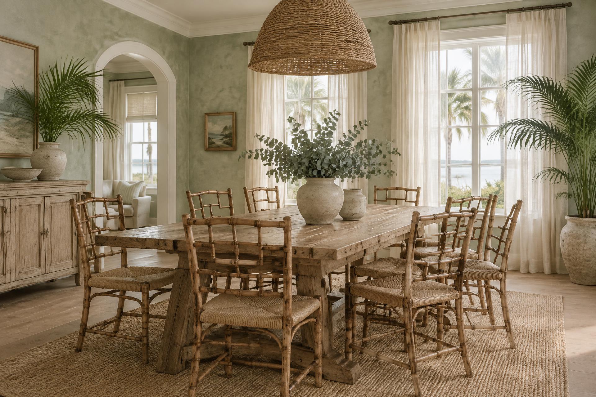 The dining room after: soft sage green walls, a natural wood farmhouse table, faux-bamboo chairs, and a woven pendant shade