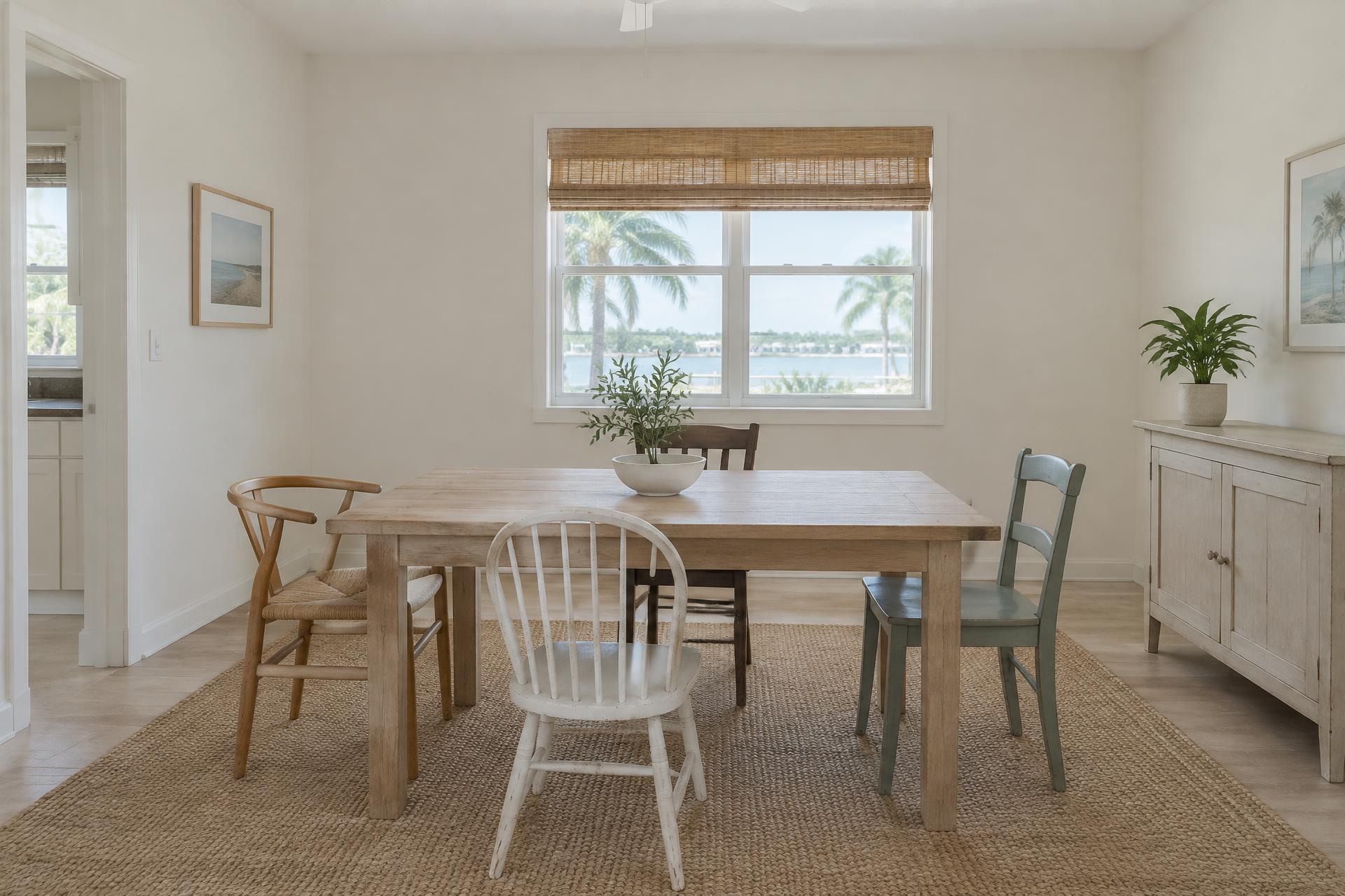 The dining room before: plain white walls, a simple light wood table, and mismatched chairs