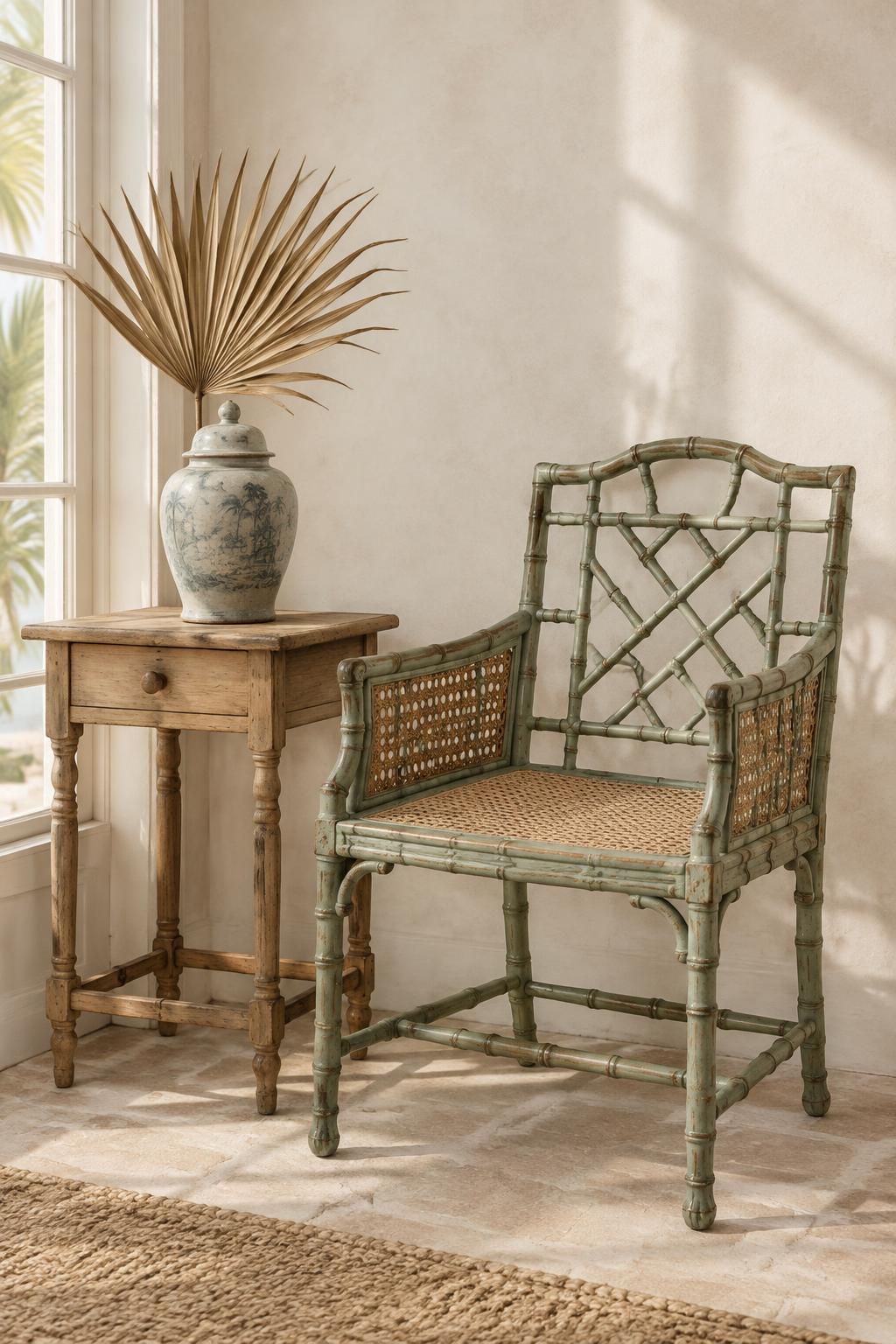 Painted faux-bamboo armchair with a cane seat beside a pine side table and a stoneware ginger jar